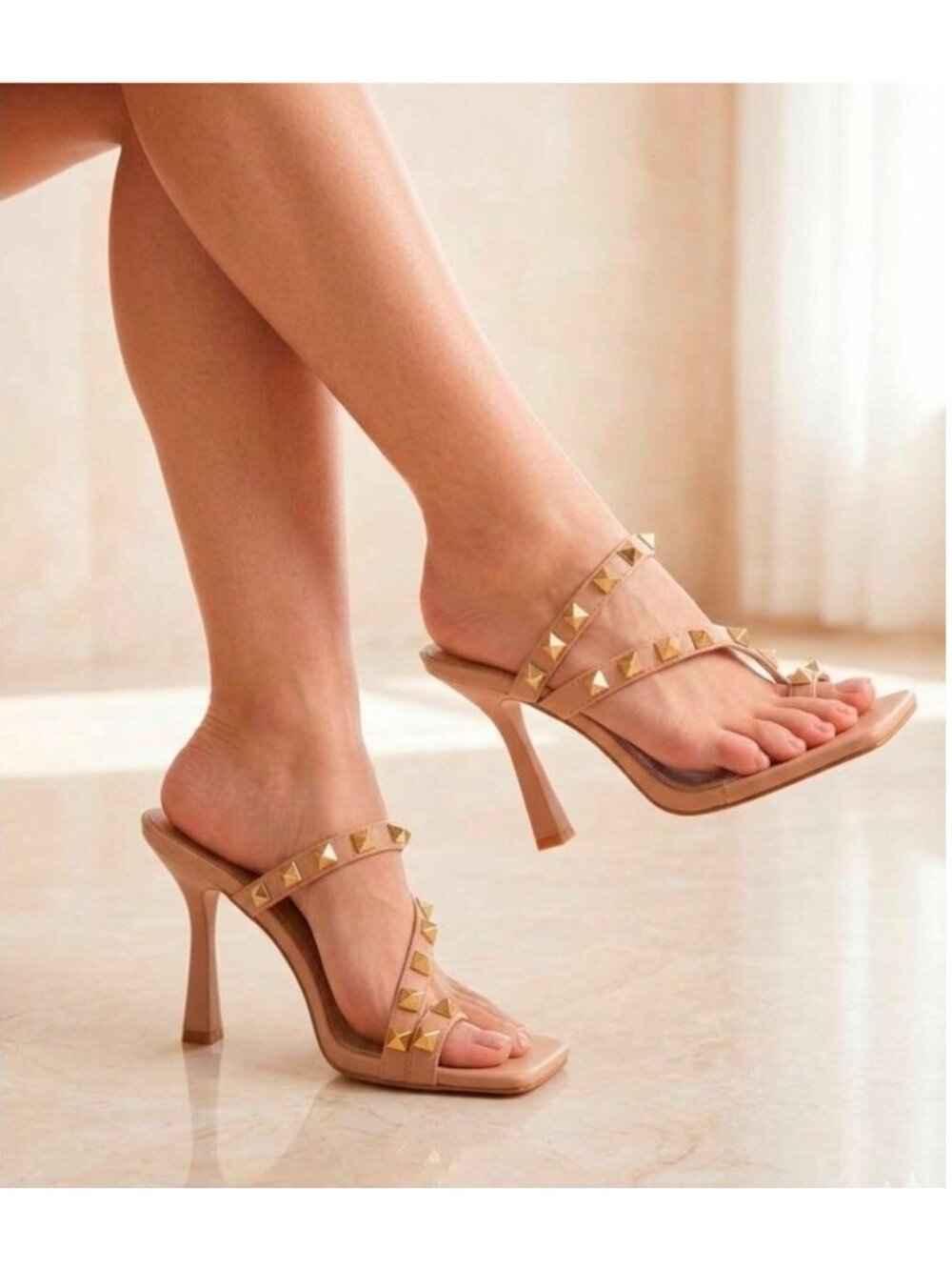 Studded Nude High Heel Sandals With  Straps & Square Toe Design For Women